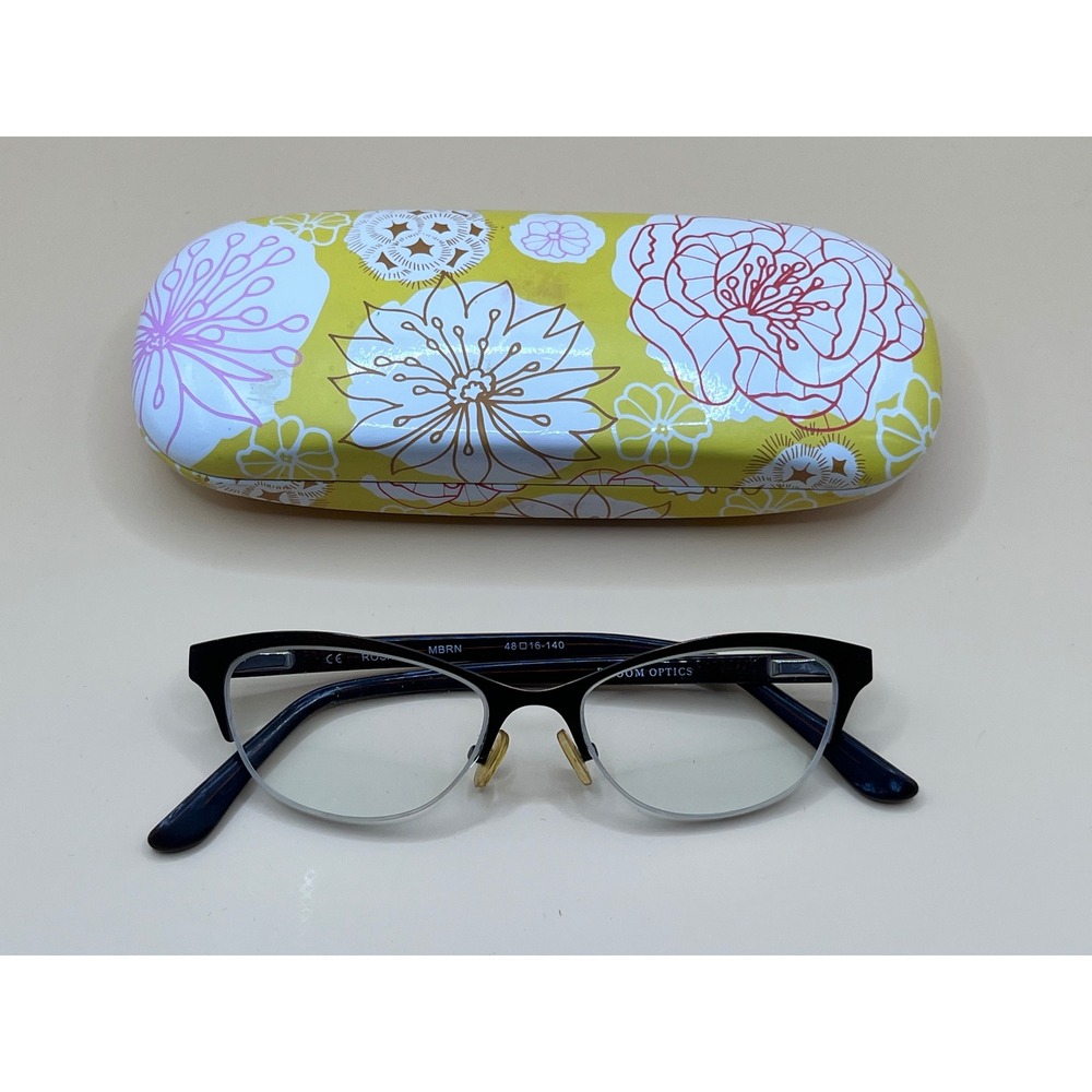 Bloom Optics Rosa MBRN Brown Cat Eye Semi-Rimless Eyeglasses 48-16-140 Case